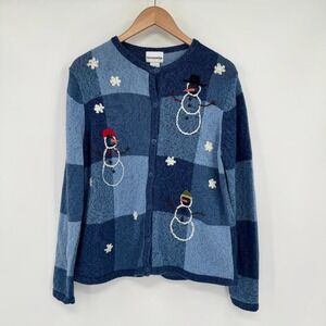 Breckenridge Blue Patchwork Knit‎ Snowman Button Front Sweater Women's M
